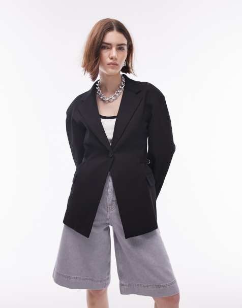 Topshop – Twill-Blazer in Schwarz mit seitlichen Schnallen - view 1