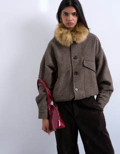 Twill bomber with faux fur collar with wool in brown