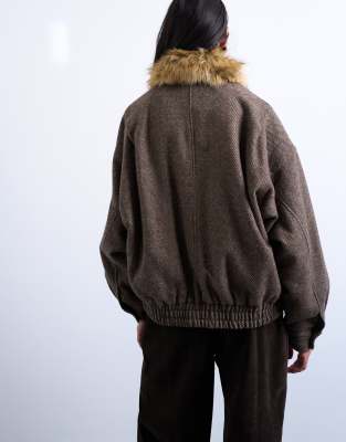 Topshop Twill Bomber With Faux Fur Collar With Wool In Brown