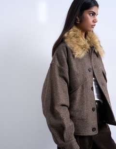 Model wearing Twill bomber with faux fur collar with wool in brown