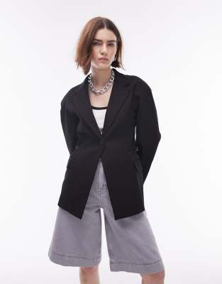 Topshop Twill Buckle Side Blazer In Black