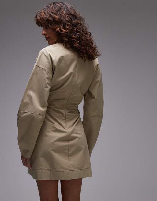 Topshop twill cinch barrel sleeve mini dress in khaki, 3 of 4