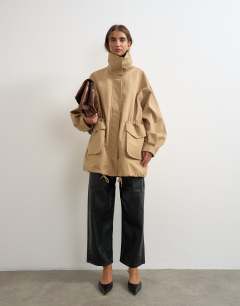 Twill cinch waist funnel neck jacket in tan