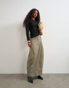 Twill drop waist cargo maxi skirt in grey