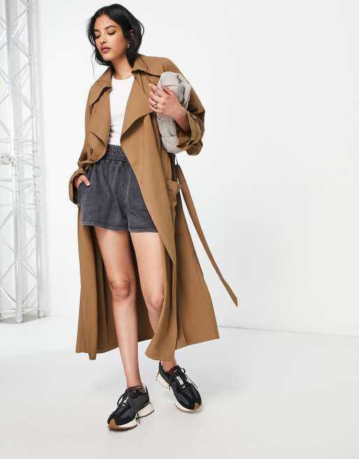 Topshop twill fluid duster coat in camel