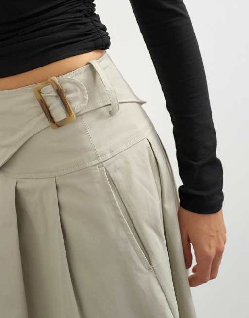 Topshop twill geplooide midi-rok met riemdetail in grijs, 2 van 5