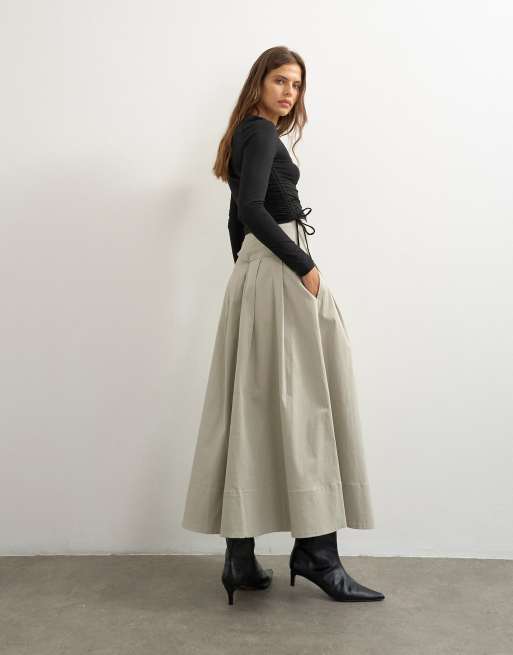 Topshop twill geplooide midi-rok met riemdetail in grijs, 4 van 5