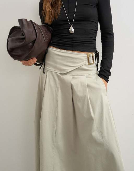 Topshop twill geplooide midi-rok met riemdetail in grijs, 5 van 5