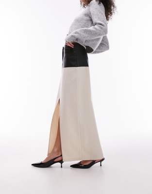 Topshop Twill Maxi Skirt In Cream With Contrast Pu Trim In Black-multi