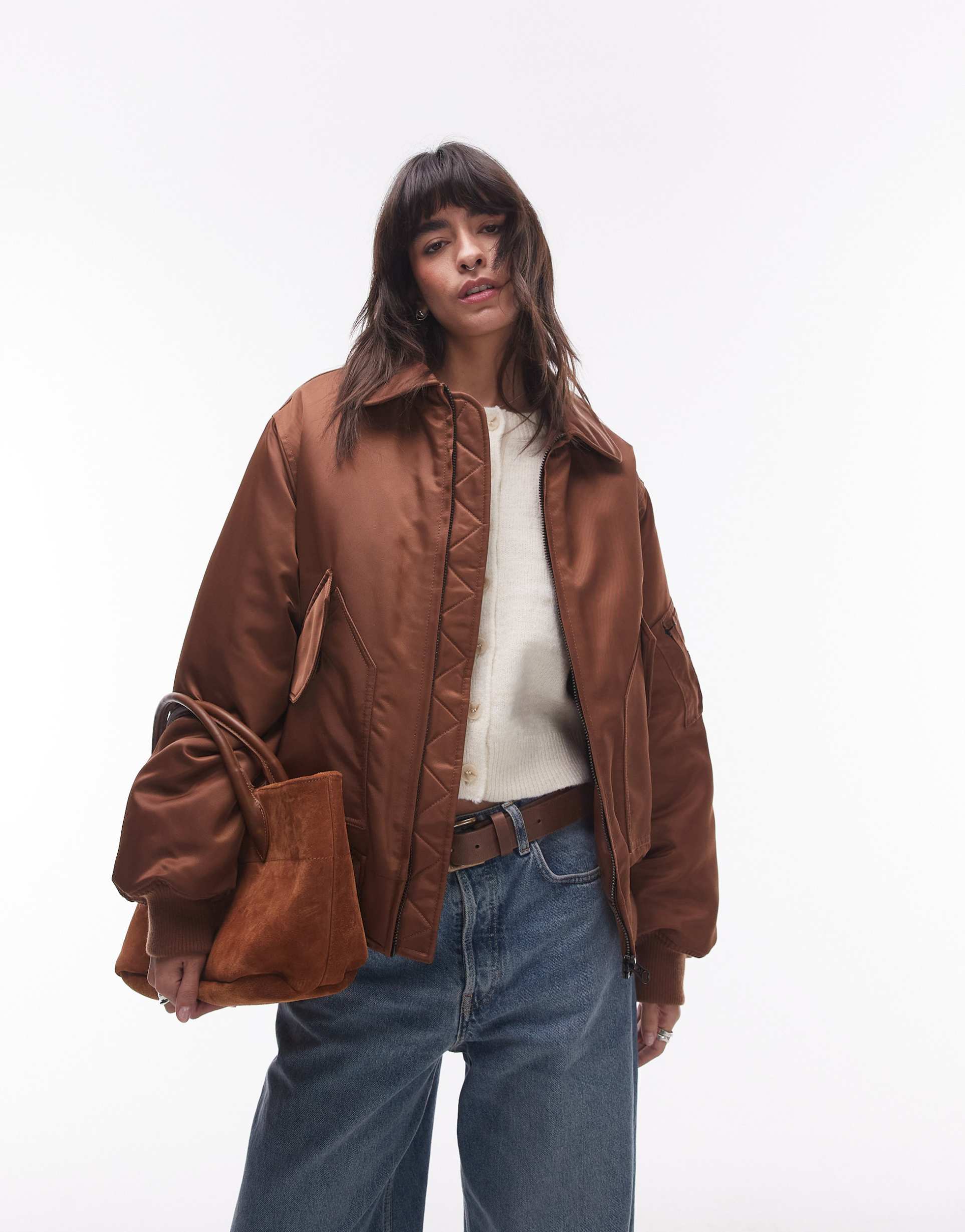 topshop twill nylon bomber jacket in chocolate