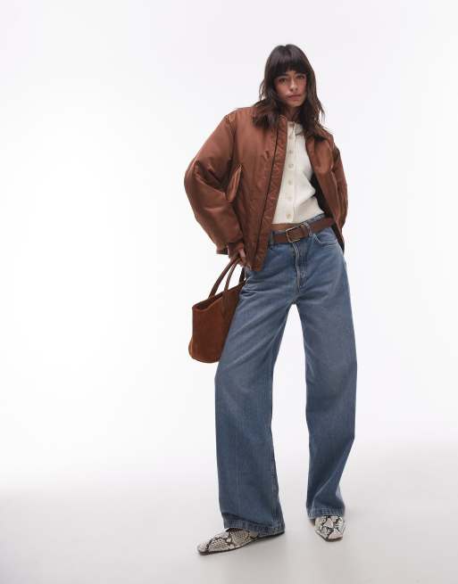 Topshop twill nylon bomber jacket in chocolate