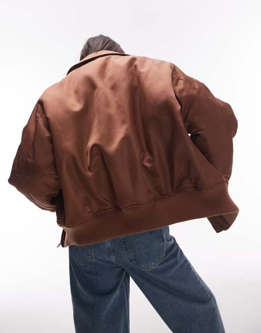 Topshop twill nylon bomber jacket in chocolate