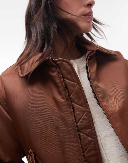 Topshop twill nylon bomber jacket in chocolate