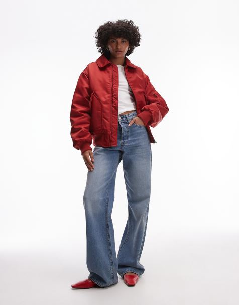 Topshop twill nylon bomber jacket in red - view 1