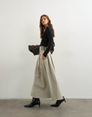 Topshop Twill Pleated Midi Skirt With Belt Detail In Gray