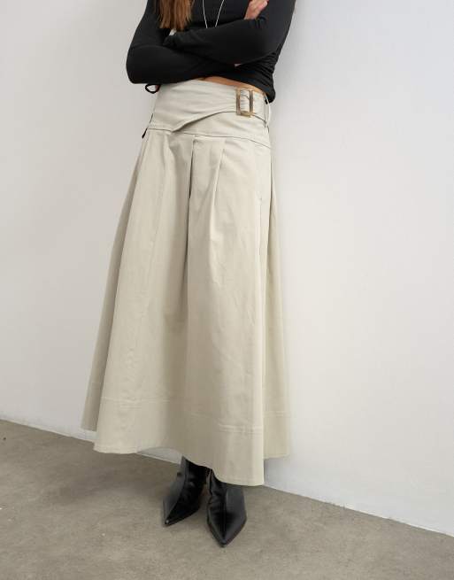 Topshop twill pleated midi skirt with belt detail in grey, 3 of 5