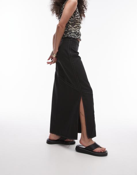 Topshop twill raw edge topstitch midi skirt in mono
