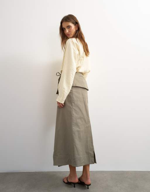 Topshop twill slå om-maxinederdel med bindebåndsdetalje i kulgrå, 2 af 5