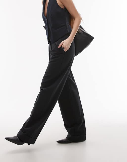 Topshop twill straight leg pants in black