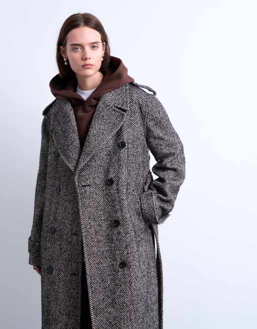 Topshop twill super longline belted coat with wool in multi, 2 of 4