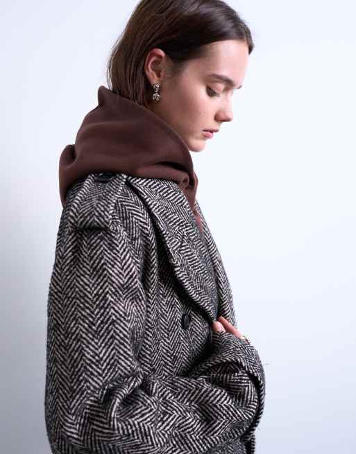 Topshop twill super longline belted coat with wool in multi, 3 of 4