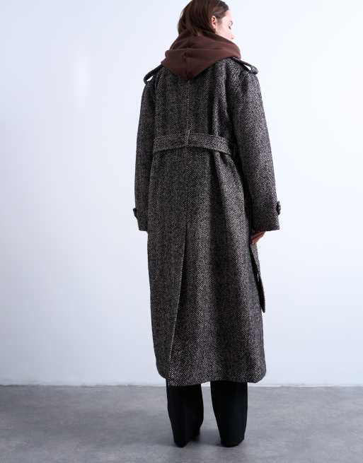 Topshop twill super longline wool-blend belted coat in multi, 4 of 4