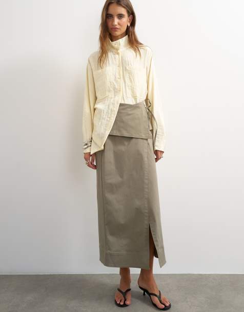 Topshop twill wrap tie detail maxi skirt in charcoal grey - view 1