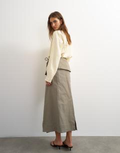 Model wearing Twill wrap tie detail maxi skirt in charcoal grey