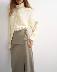 Model wearing Twill wrap tie detail maxi skirt in charcoal grey