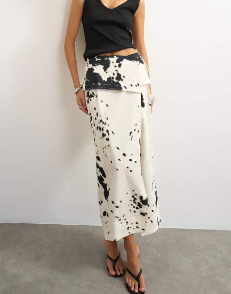 Topshop twill wrap tie detail maxi skirt in cow print - view 1