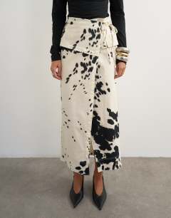 Twill wrap tie detail maxi skirt in cow print