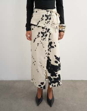 Topshop twill wrap tie detail maxi skirt in cow print