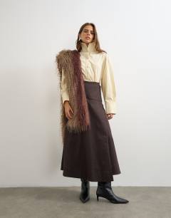 Twill wrap waistband detail trench skirt in chocolate