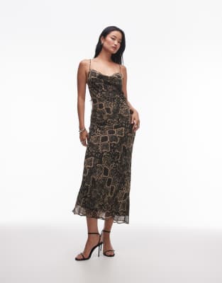 TOPSHOP TWIST BACK COWL NECK MIDI SLIP DRESS IN SNAKE PRINT-MULTI