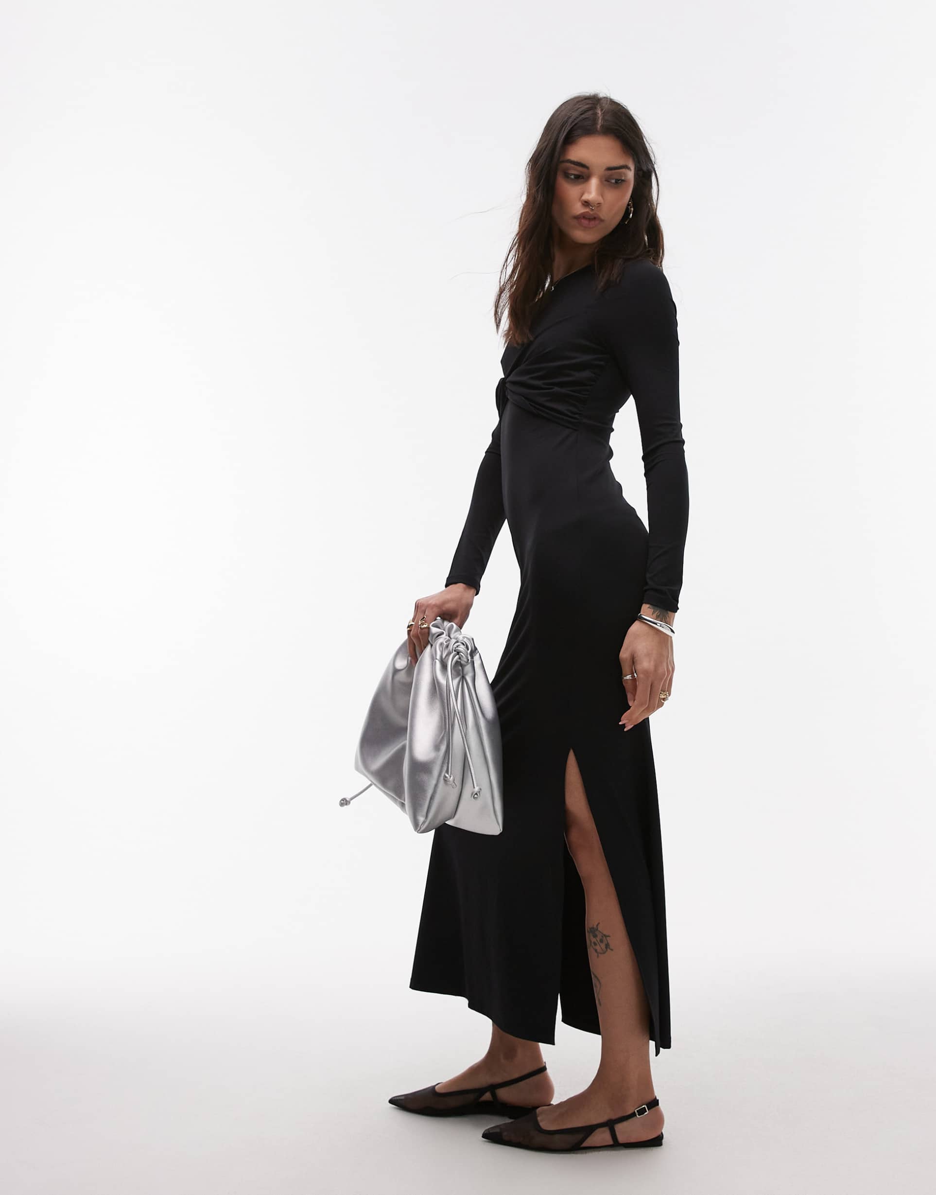 topshop twist front long sleeve dress in black