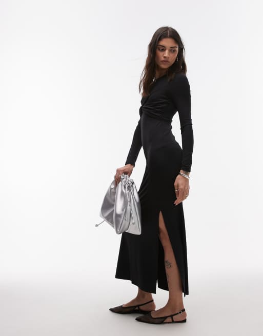 Topshop twist front long sleeve dress in black | ASOS