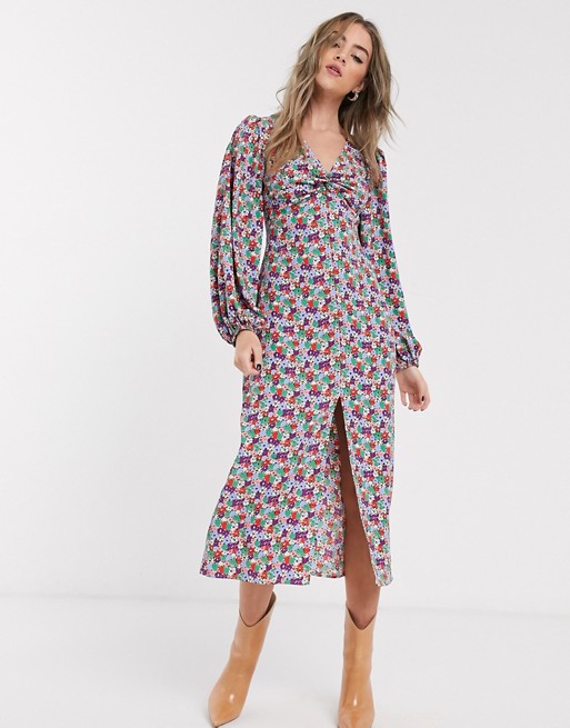 Topshop twist front midi dress in multicoloured floral
