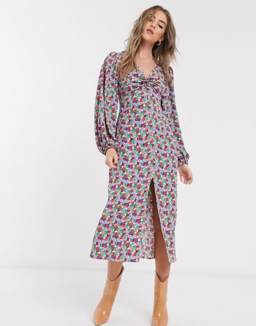 Topshop twist front midi dress in multicoloured floral | ASOS