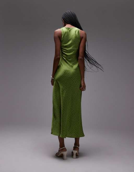 Topshop twist front midi dress in olive polka dot-Green