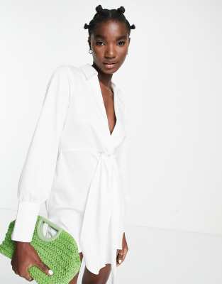 Topshop Twist Front Mini Satin Shirt Dress In White