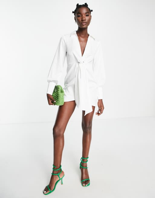 Topshop twist front mini satin shirt dress in white