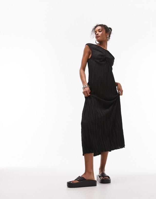 Topshop twist front textured jersey column midi dress in black