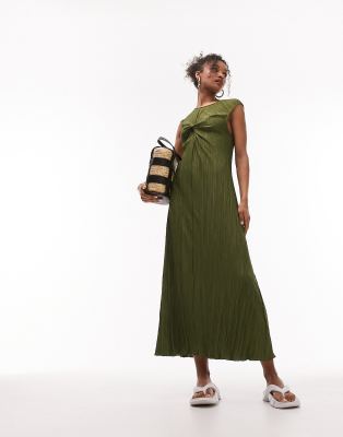 Topshop twist front textured jersey column midi dress in khaki-Green