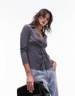 Topshop Twist Front Top In Gray