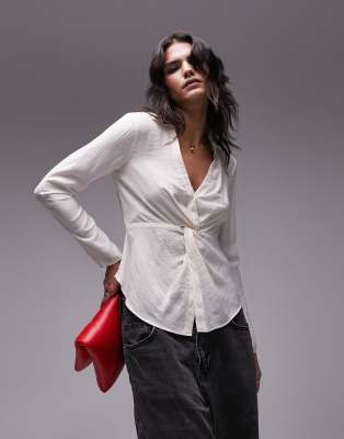 Topshop Twist Front Top In Khaki-green In White
