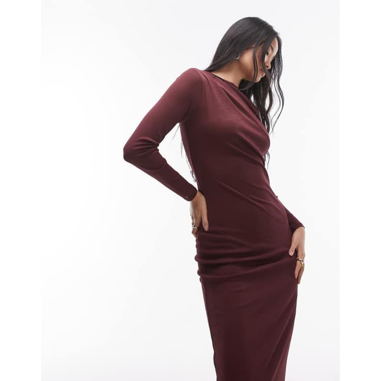 Topshop twist long sleeve midaxi dress in burgundy ASOS