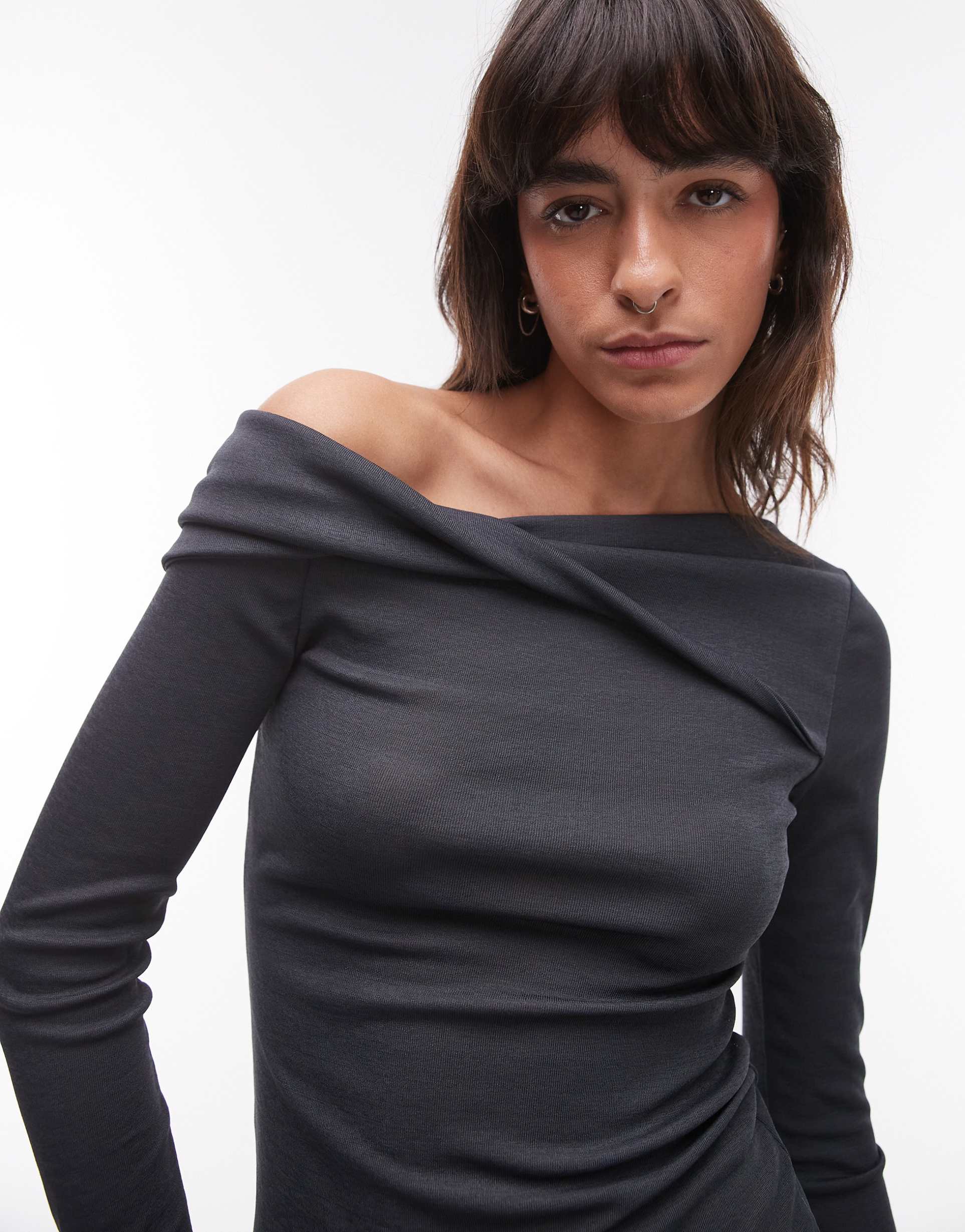 topshop twist off-shoulder top in gray