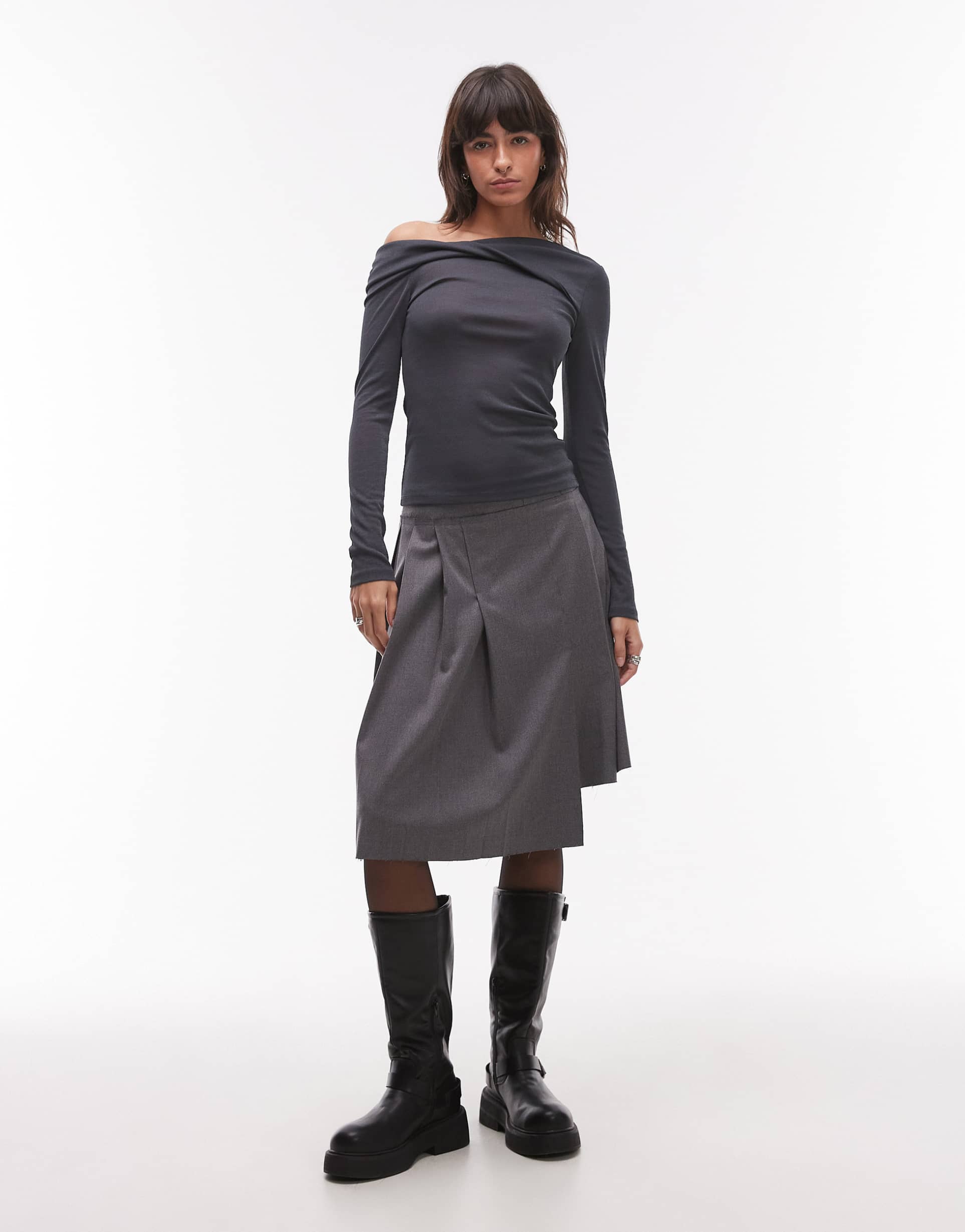 topshop twist off-shoulder top in gray