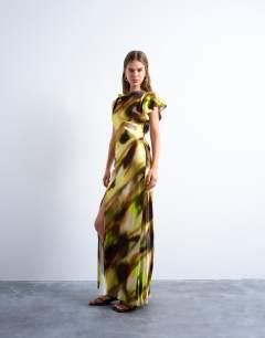 Twist shoulder backless midi satin dress in abstract yellow print