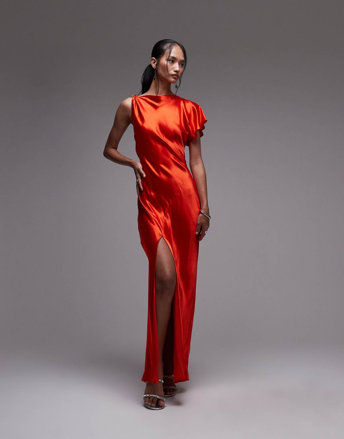 Topshop twist shoulder backless midi satin dress in red